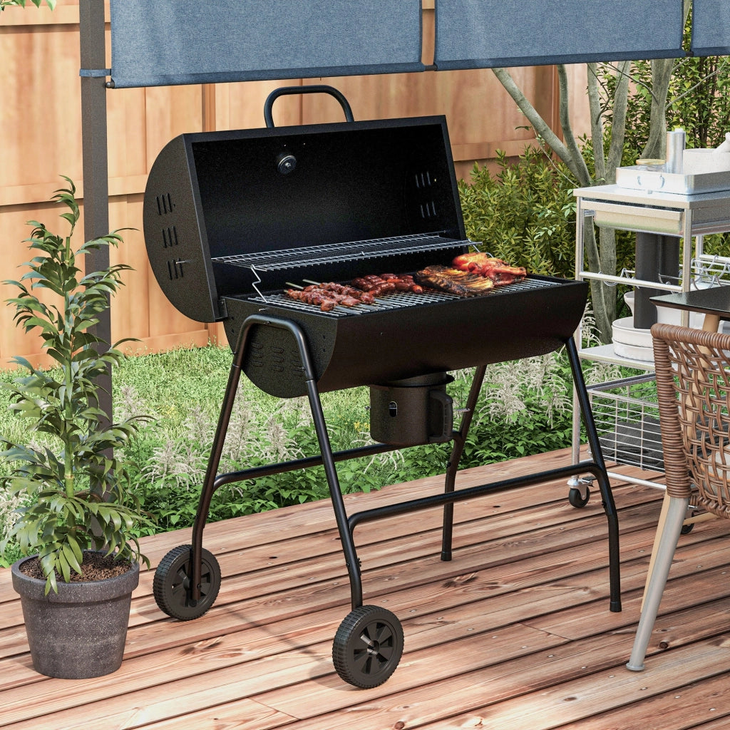 Barbecue a carbone in metallo con coperchio, termometro, ruote e vassoio cenere, 95 x 71,5 x 102 cm