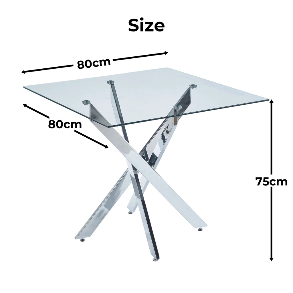 Tavolo da pranzo quadrato con piano in vetro e gambe in metallo per cucina e soggiorno argento 80 × 80 × 75 cm