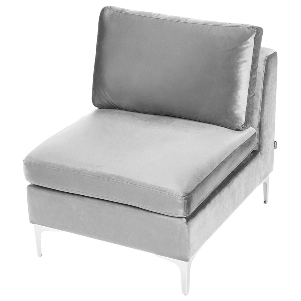 Divano ad angolo componibile versione sinistra a 4 posti in velluto grigio con gambe in metallo argento stile glamour