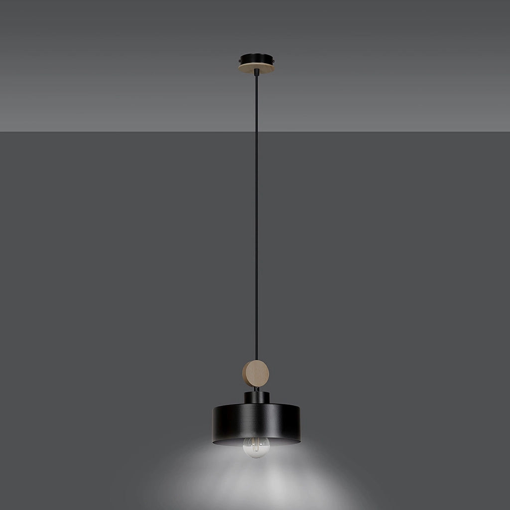 Sospensione 1 Luce Zhurong In Acciaio Nero E Legno Naturale