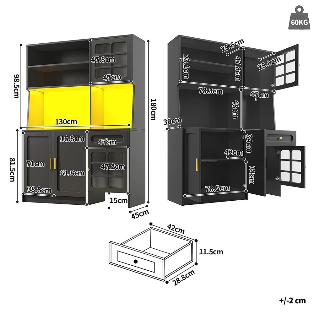 Credenza Cucina Alta 130x45x180cm - Xylo - con Ante Vetrate e Luci LED, Nero