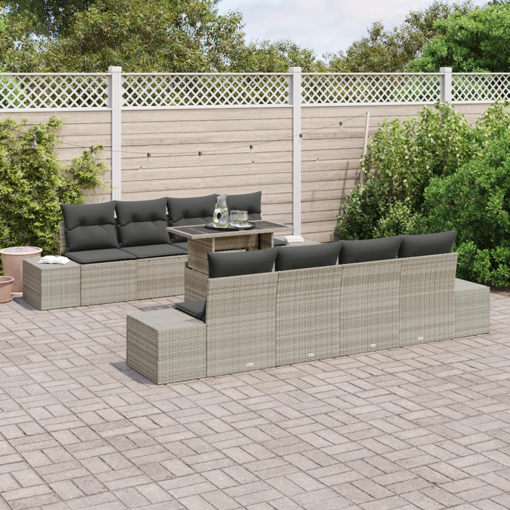 Set di Divani da Giardino da 9 Pezzi con Cuscini Grigio Chiaro Polyrattan