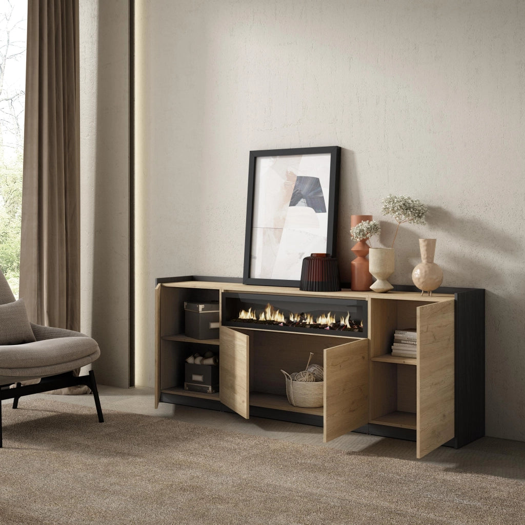 Credenza, Mobile, Cucina, 207x80x37 cm, 4 Porte, Camino elettrico, Rovere e nero