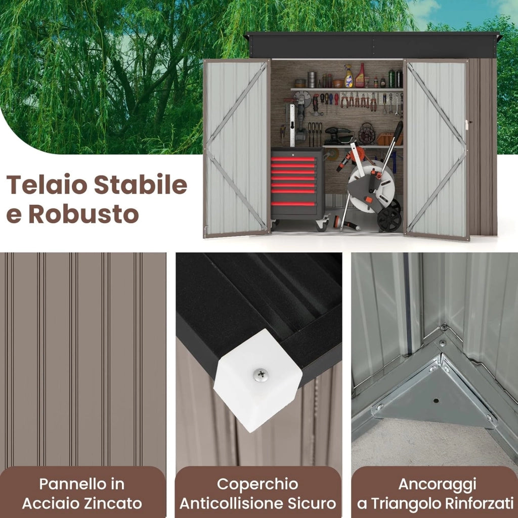 Capanno da Giardino 2,6㎡, Casetta Porta Attrezzi da Esterno in Metallo Zincato Resistente alle Intemperie con 2 Porte e Tetto Inclinato, Ripostiglio per Cortile (Grigio Caldo)