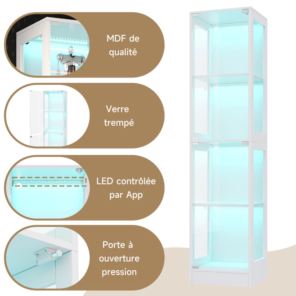Vetrina Espositiva a LED con Vetro Temperato ¨C MINIMAL ¨C Bianco, 4 Ripiani, 40x35x170 cm