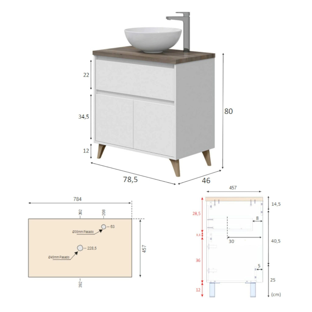 Mobile sottolavabo Furie, Mobiletto per bagno a 2 ante e 1 cassetto, Armadietto da terra, lavabo non incluso, 78,5x46h80 cm, Bianco lucido e Olmo