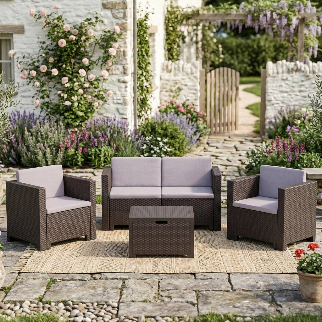 Set salotto da esterno Camisano, Salottino outdoor, Set da balcone o giardino, Composizione soggiorno per esterni, Made in Italy, Marrone