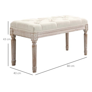 Sgabello imbottito in stile vintage francese, seduta in tessuto effetto lino, gambe in legno, crema bianco