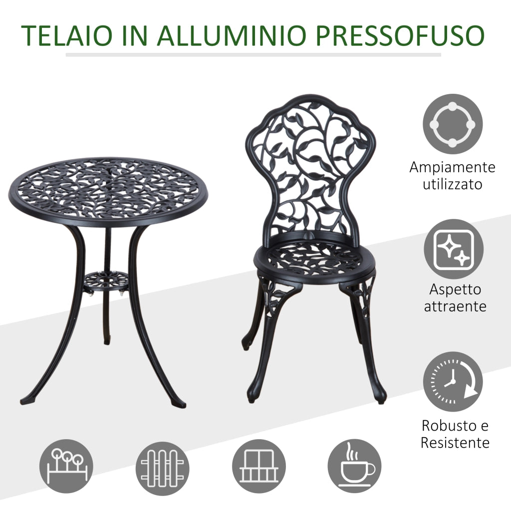 Set 3 Pezzi da Giardino con 2 Sedie da Esterno e Tavolo Rotondo in Alluminio Nero