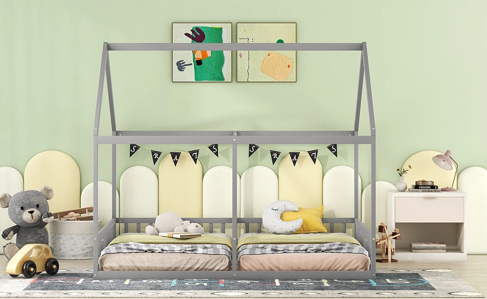 Letto singolo 90x200 cm modello casa 2-in-1 grigio in legno di pino e MDF