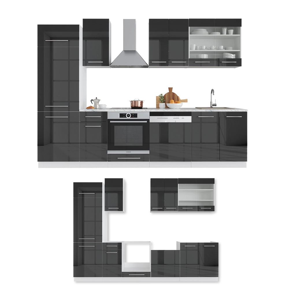 Cucina componibile Fame-Line Antracite lucido/Bianco 300 cm, PL Marmo Vicco