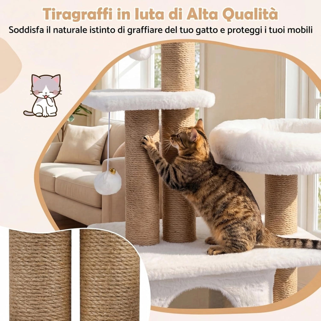Albero per Gatti, Alberi Tiragraffi Alta 96 cm con Poggiolo Imbottito a Forma di Fiore, Condo Accogliente & Letto per Gatti, 2 Palline con Campanelli Appese & Posti per Graffiare (Bianco)