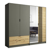 Armadio 220cm con 4 porte e 2 cassetti color grigio grafite e rovere. Collezione IZO