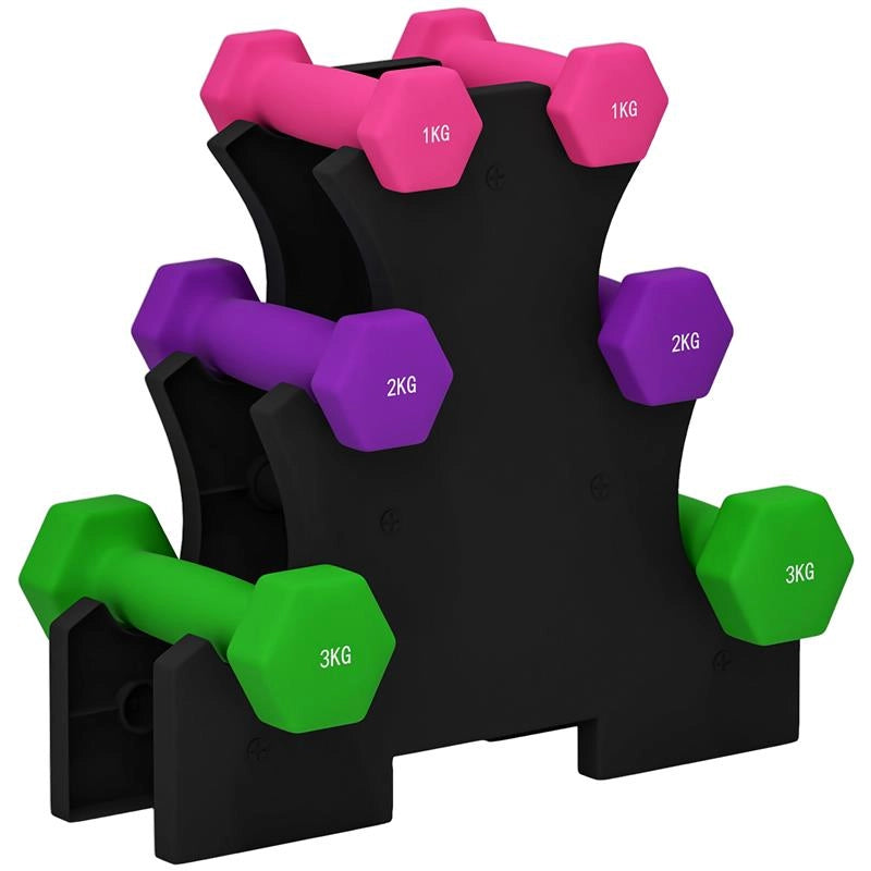 SET MANUBRI CON SUPPORTO, 6 MANUBRI TOTALI 2X1 KG, 2X2 KG, 2X3 KG, MULTICOLORE