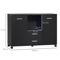 Armadietto Multifunzionale per l'Ufficio con Ruote a 360°, per Stampanti e Fascicoli, in Legno Nero 100x40x71cm
