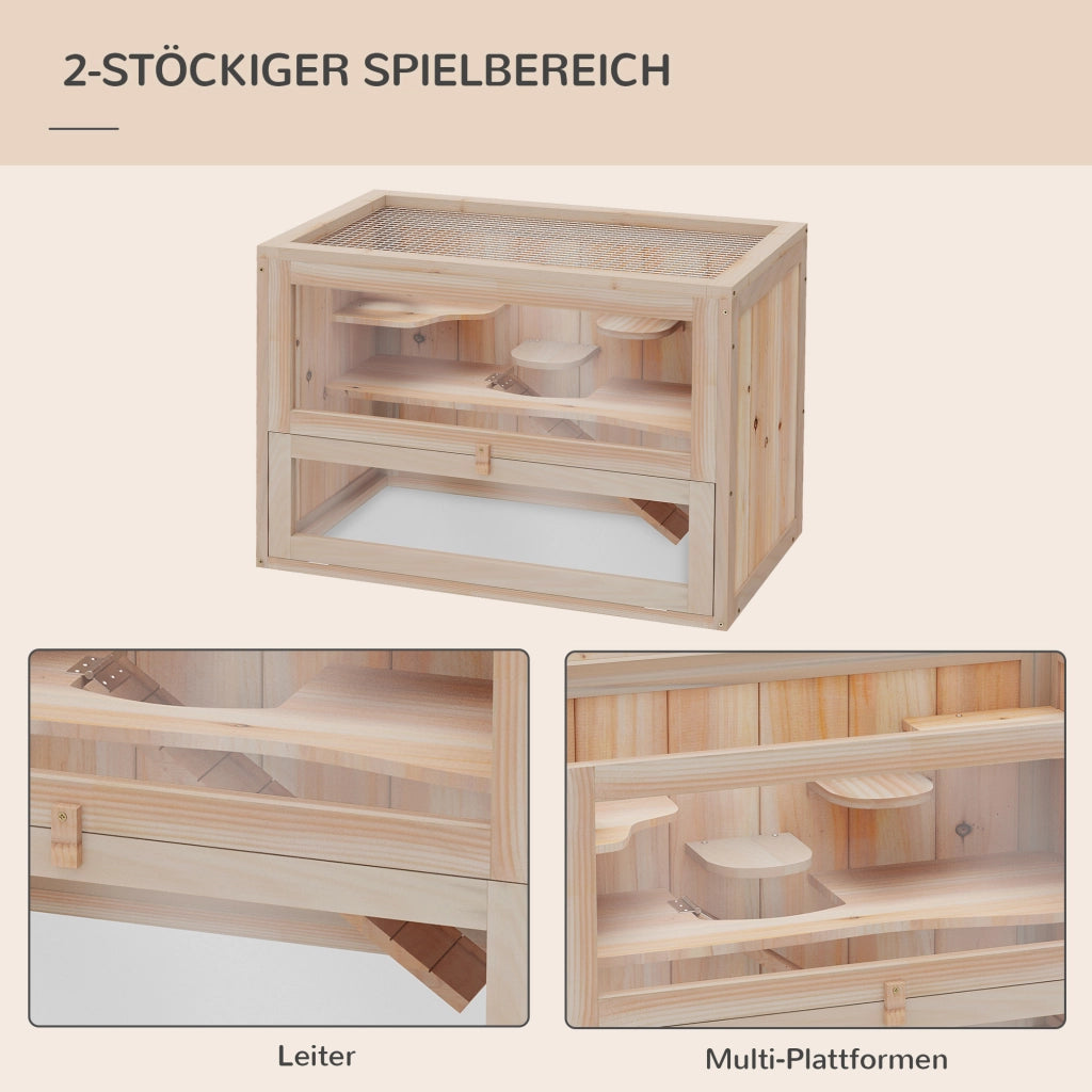 Gabbia per criceti in legno naturale a 2 piani ¨C Xylo ¨C 60x35x42 cm con accessori