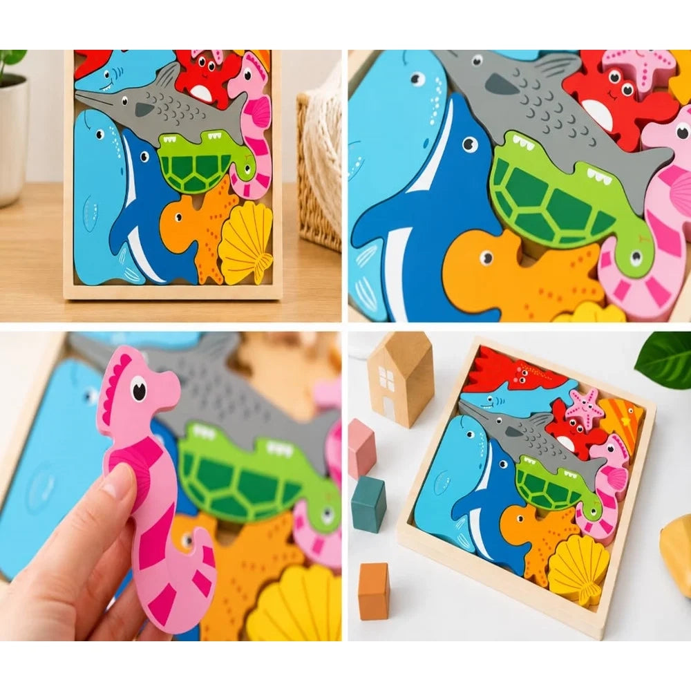 Trade Shop - Puzzle 3d A Incastro In Legno Forma Animali Marini Per Bambini Gioco Educativo 07936 -