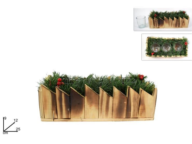 Portacandela in Legno Tondo con Pigne e Bacche 25 cm