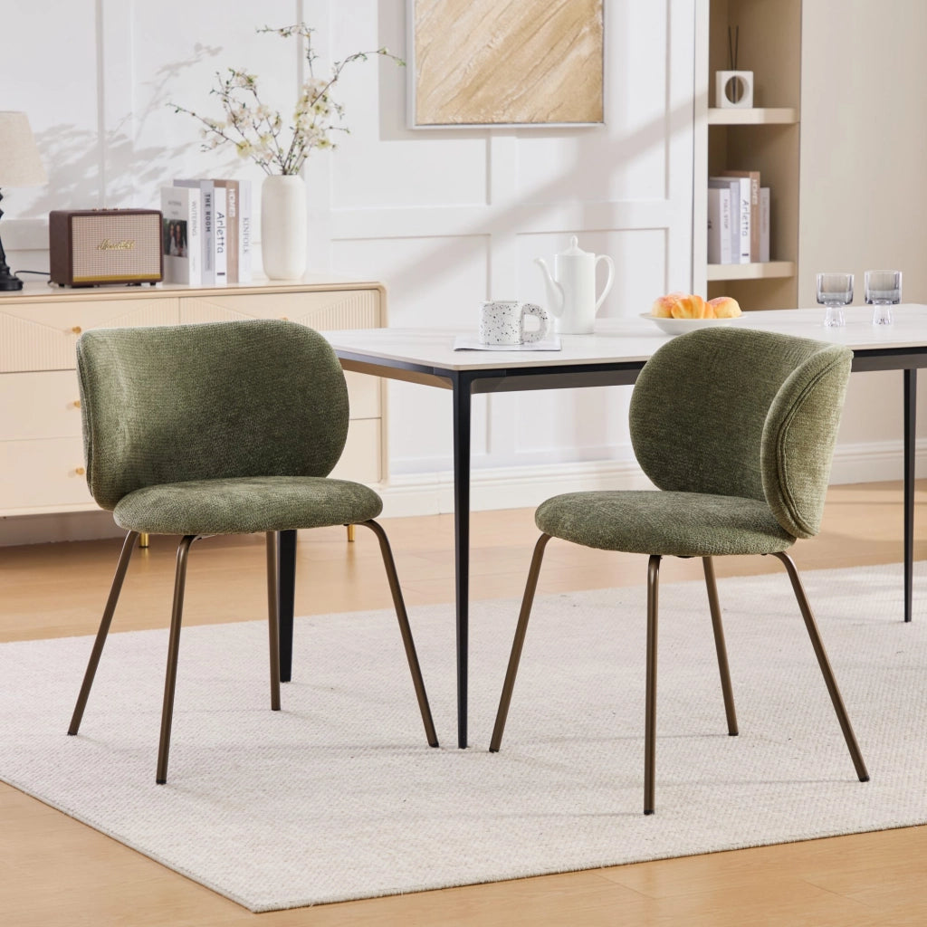 Sedia da pranzo in velluto chenille - Zephmum- 2 pezzi, schienale curvo, gambe in bronzo, verde