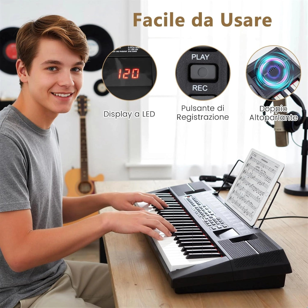 Tastiera Pianoforte a 54 Tasti per Principianti, Pianoforte Digitale con 200 Ritmi e 200 Suoni, 60 Demo, Leggio, Strumento Musicale Educativo per Bambini, Adolescenti e Adulti, Nero