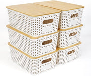 Cassa di archiviazione con coperture in bambù, 6 contenitori in plastica, organizzatore per la cucina, bianco, cassetti ripiegabili