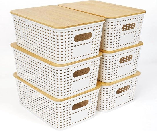 Cassa di archiviazione con coperture in bambù, 6 contenitori in plastica, organizzatore per la cucina, bianco, cassetti ripiegabili