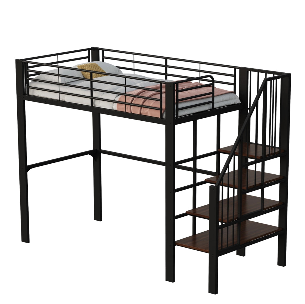 Letto a soppalco 90x200 cm in metallo e legno con scala e vano contenitore; nero