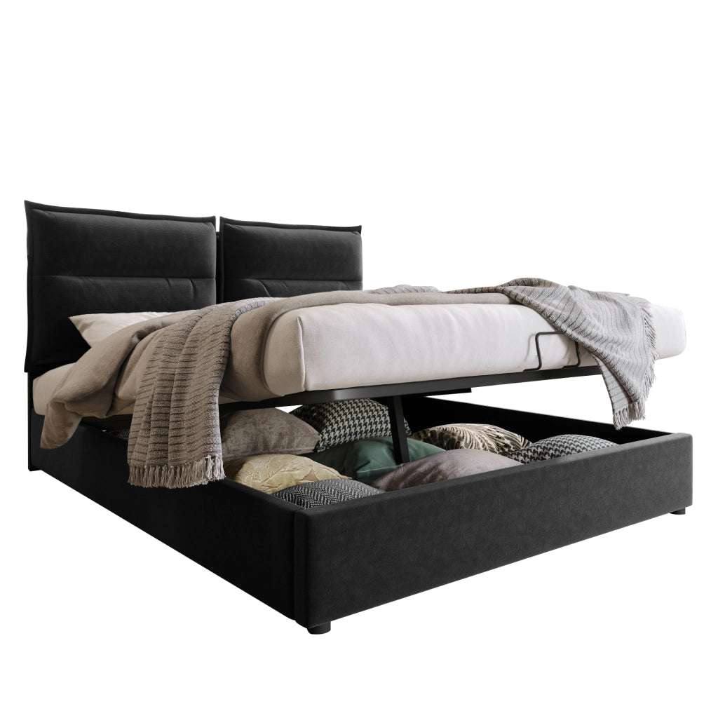 Letto Contenitore 140 x 200 cm; Letto Matrimoniale con Testiera Regolabile e Vano Contenitore; senza Materasso; Nero
