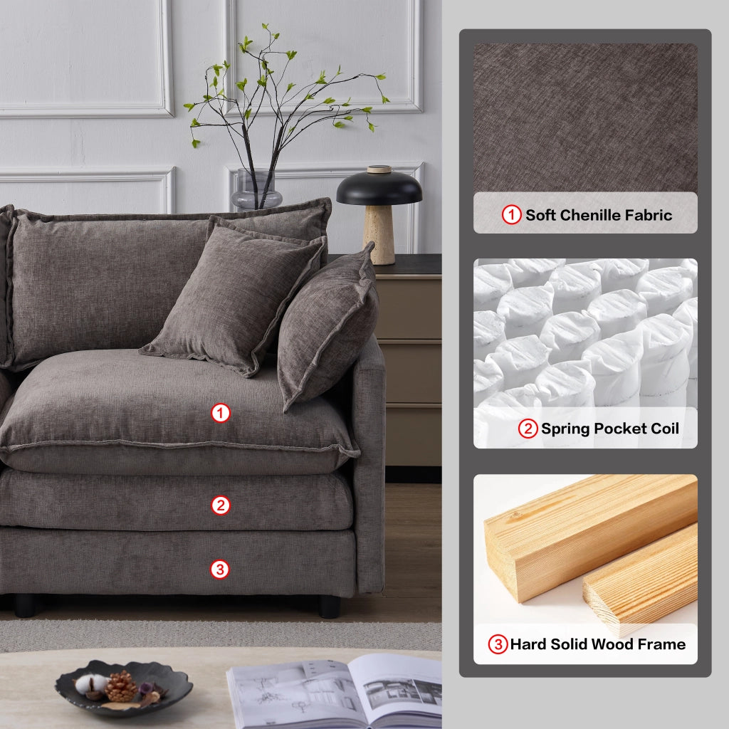 Divano angolare modulare con chaise longue e pouf, tessuto chenille grigio, struttura in legno massiccio, 3 posti