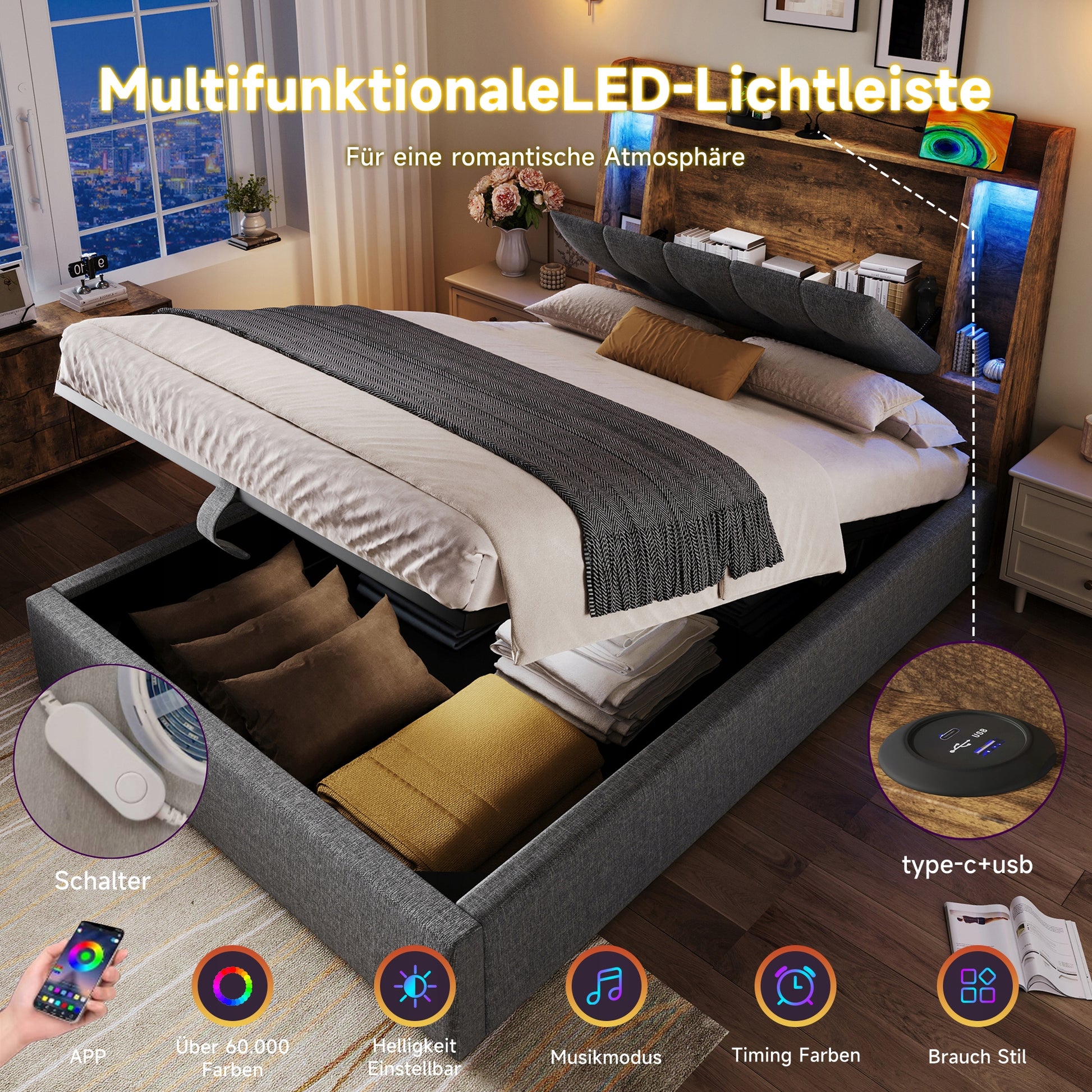 Letto imbottito 90x200 - Xylo - Grigio, struttura sollevabile, USB-C