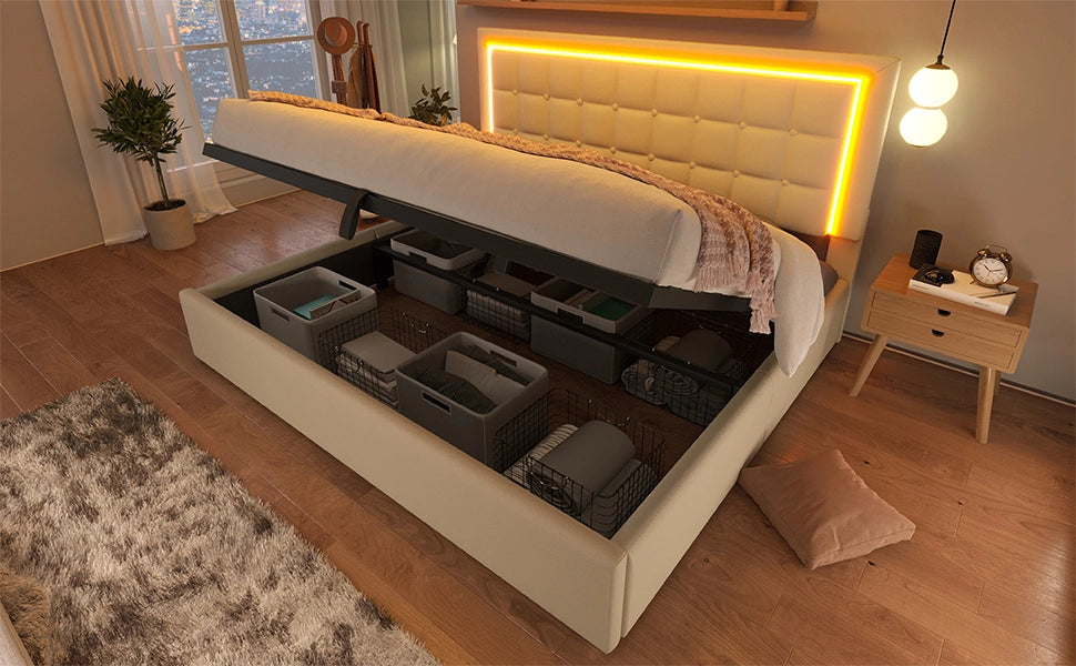 Letto contenitore matrimoniale 160 × 200 cm con LED, vano idraulico, con materasso, bianco
