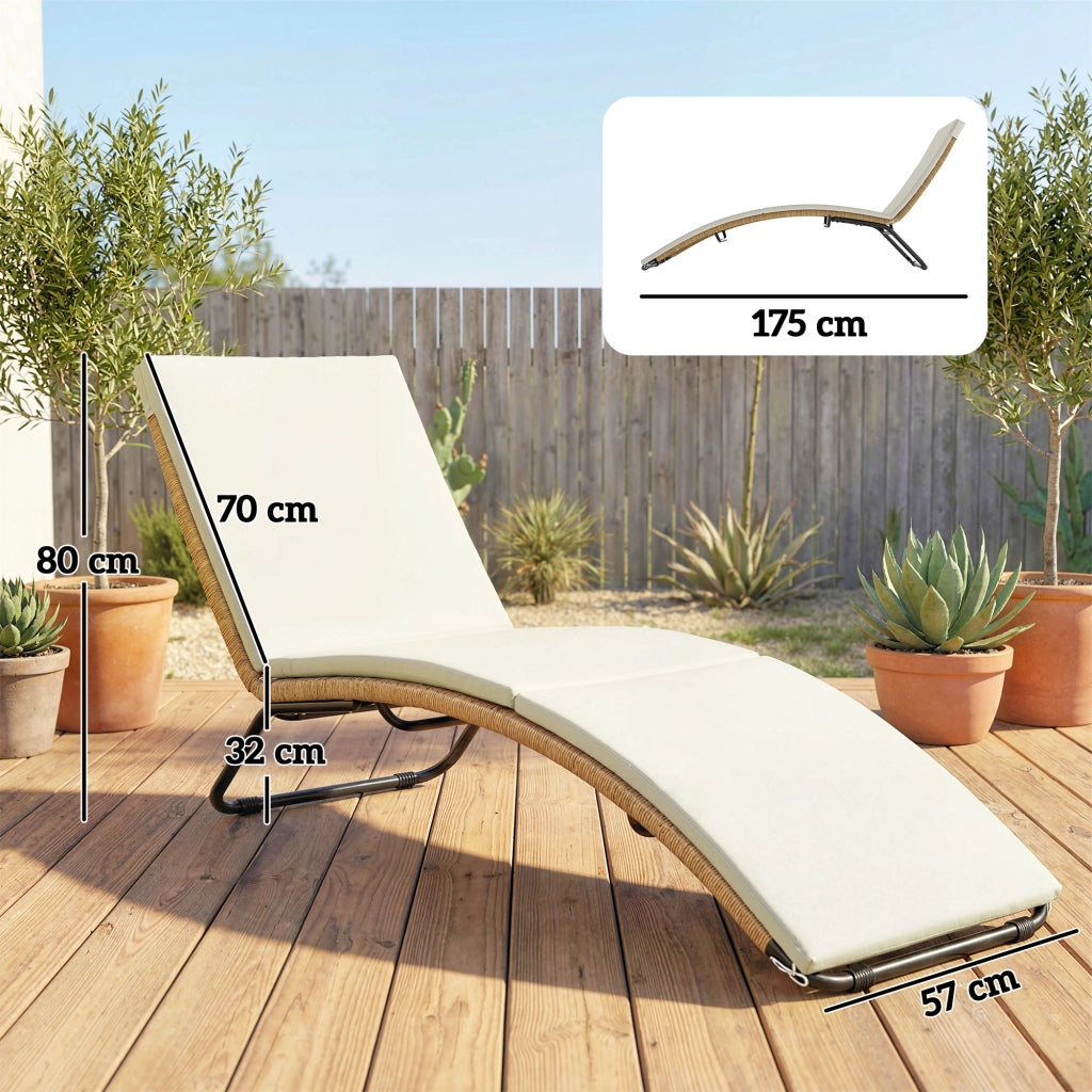 Lettino Sdraio a S da Esterno con Cuscino, in Rattan PE e Acciaio, 175x57x80 cm, Crema