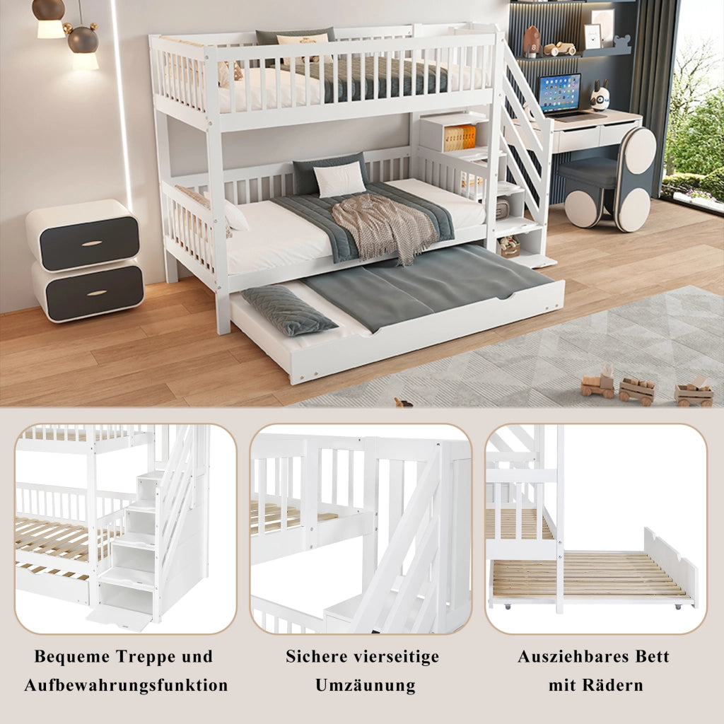 DESMIU Letto a castello con letto estraibile 90 × 200 cm 2 posti, con scala armadio e sponde, senza materasso, bianco