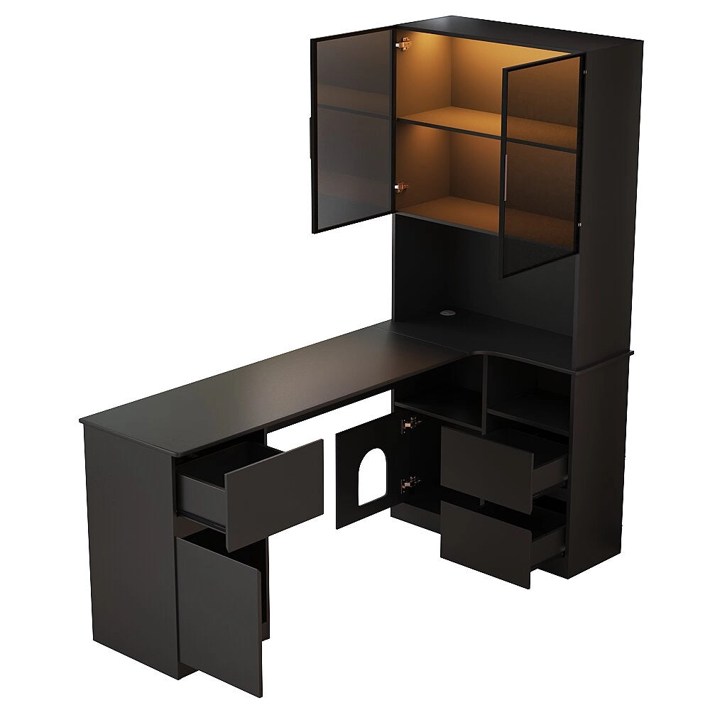 Scrivania ad angolo 120×80×180 cm con libreria integrata e vetrina LED, 3 cassetti, 2 ante, nero