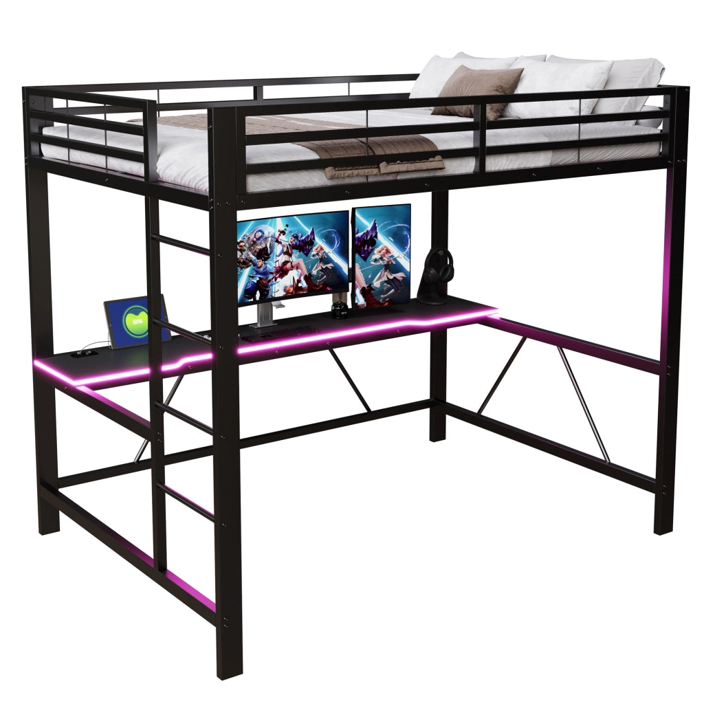 Letto a soppalco 140 × 200 cm con scrivania, LED e protezione rialzata, senza materasso, nero