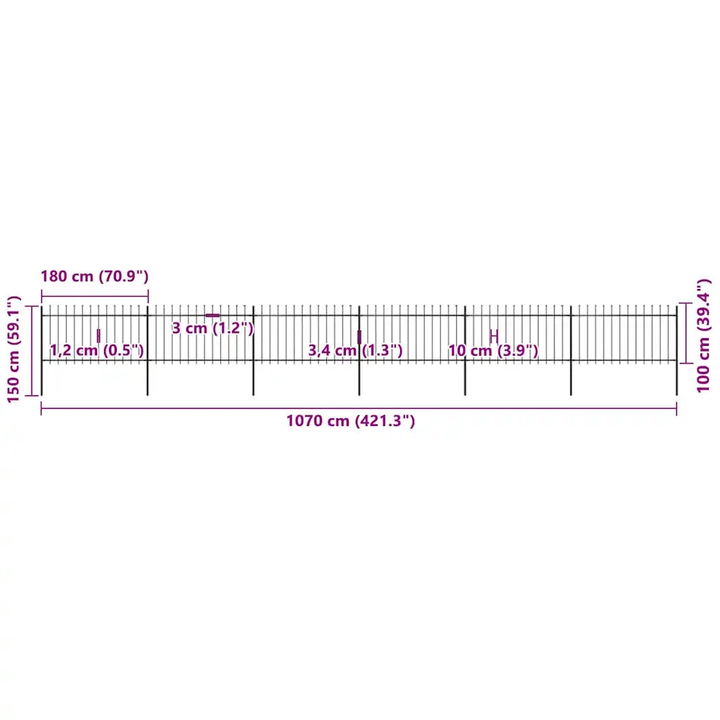 Recinzione da Giardino | Recinzione da cortile con Punta a Lancia in Acciaio 1070x100 cm Nera