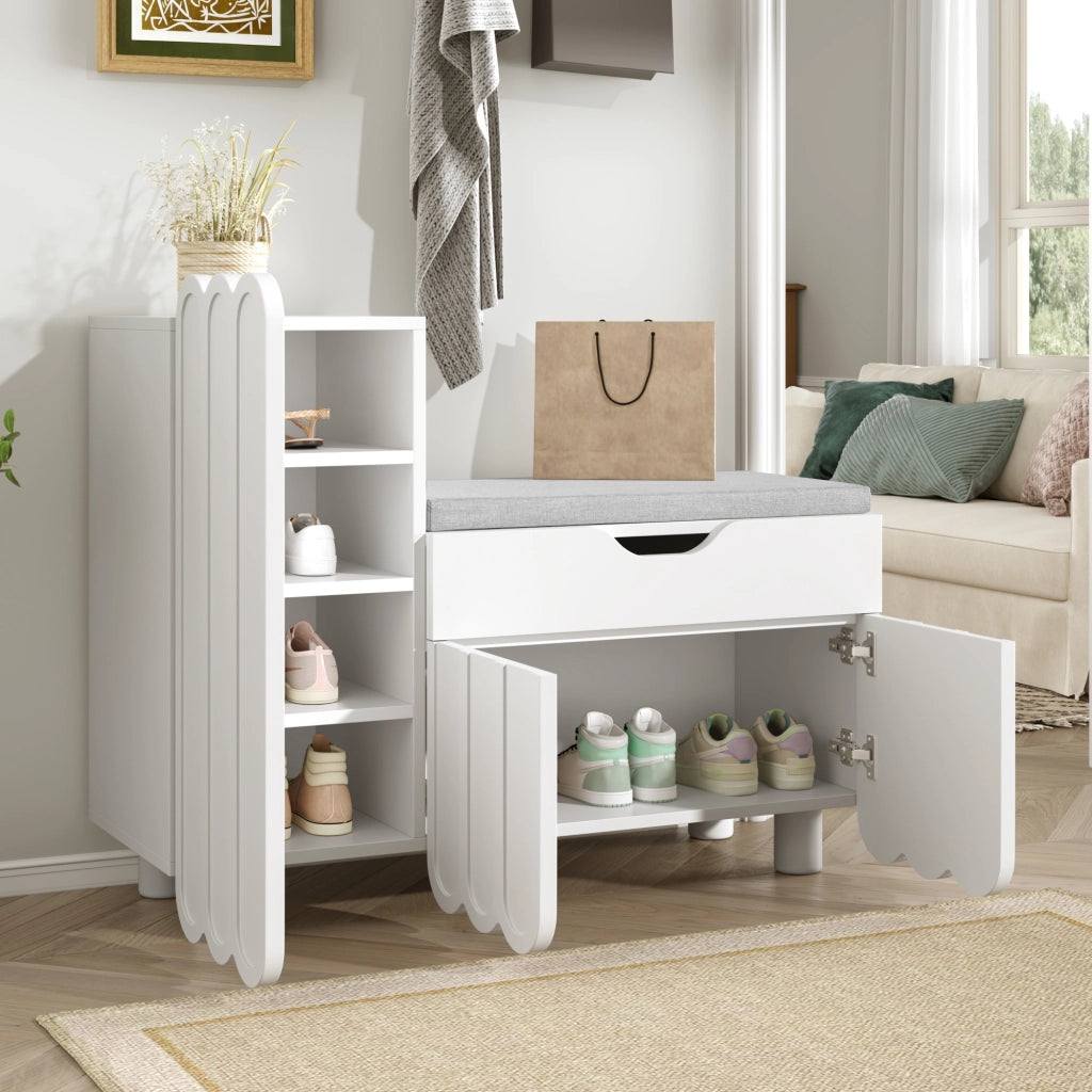 Scarpiera con 3 Ante; 1 Cassetto e Seduta Imbottita; Stile Moderno; in MDF; 90×35×74;5 cm; Bianco
