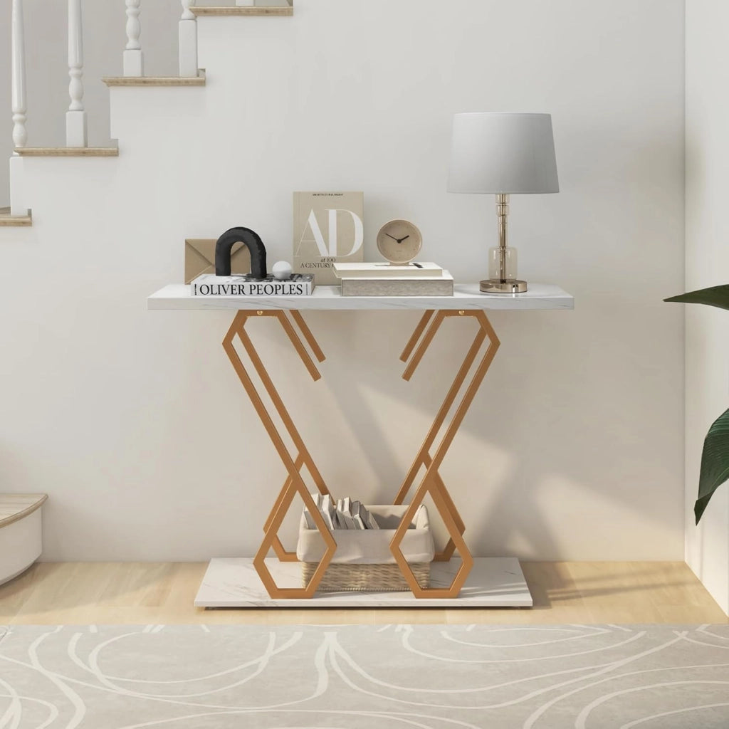 Consolle effetto marmo, tavolo da ingresso tavolo da ingresso struttura in metallo a forma di farfalla, tavolino stretto tavolino da caffè con 2 ripiani, credenza lunga, credenza da tavolo
