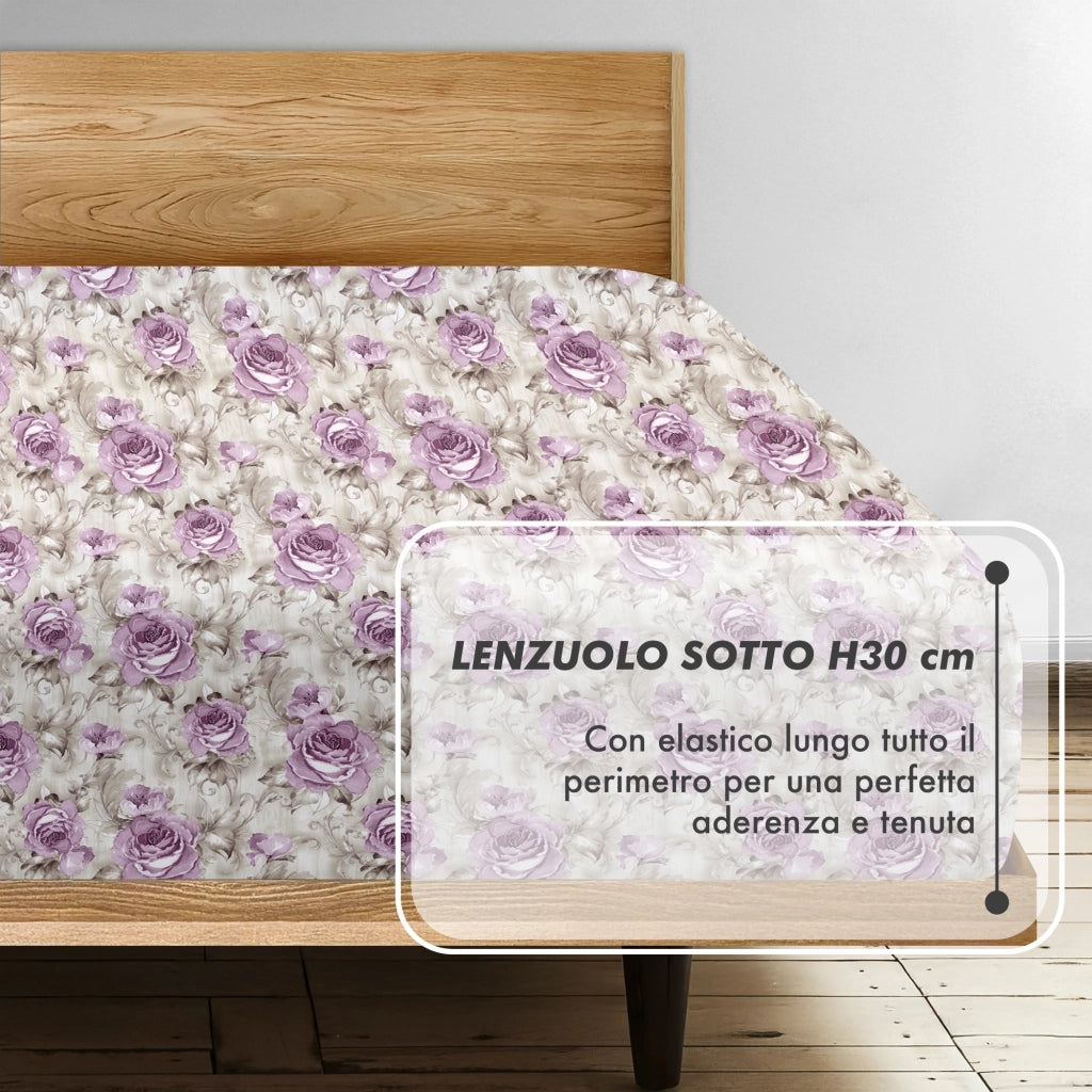 Completo Letto Matrimoniale No Stiro Set Lenzuola In Morbida Microfibra Anallergica Lenzuolo Sotto Con Angoli Elastici Fino 30 Cm, Lenzuolo Teso Sopra 2 Federe Prodotto Italiano  Boccioli Rosa