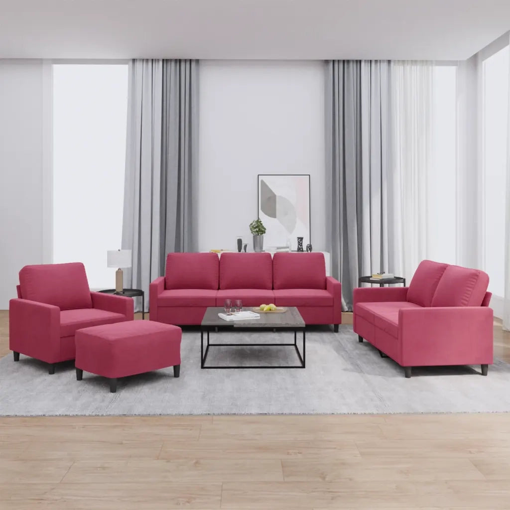 Set di Divani 4 pz con Cuscini Rosso Vino in Velluto