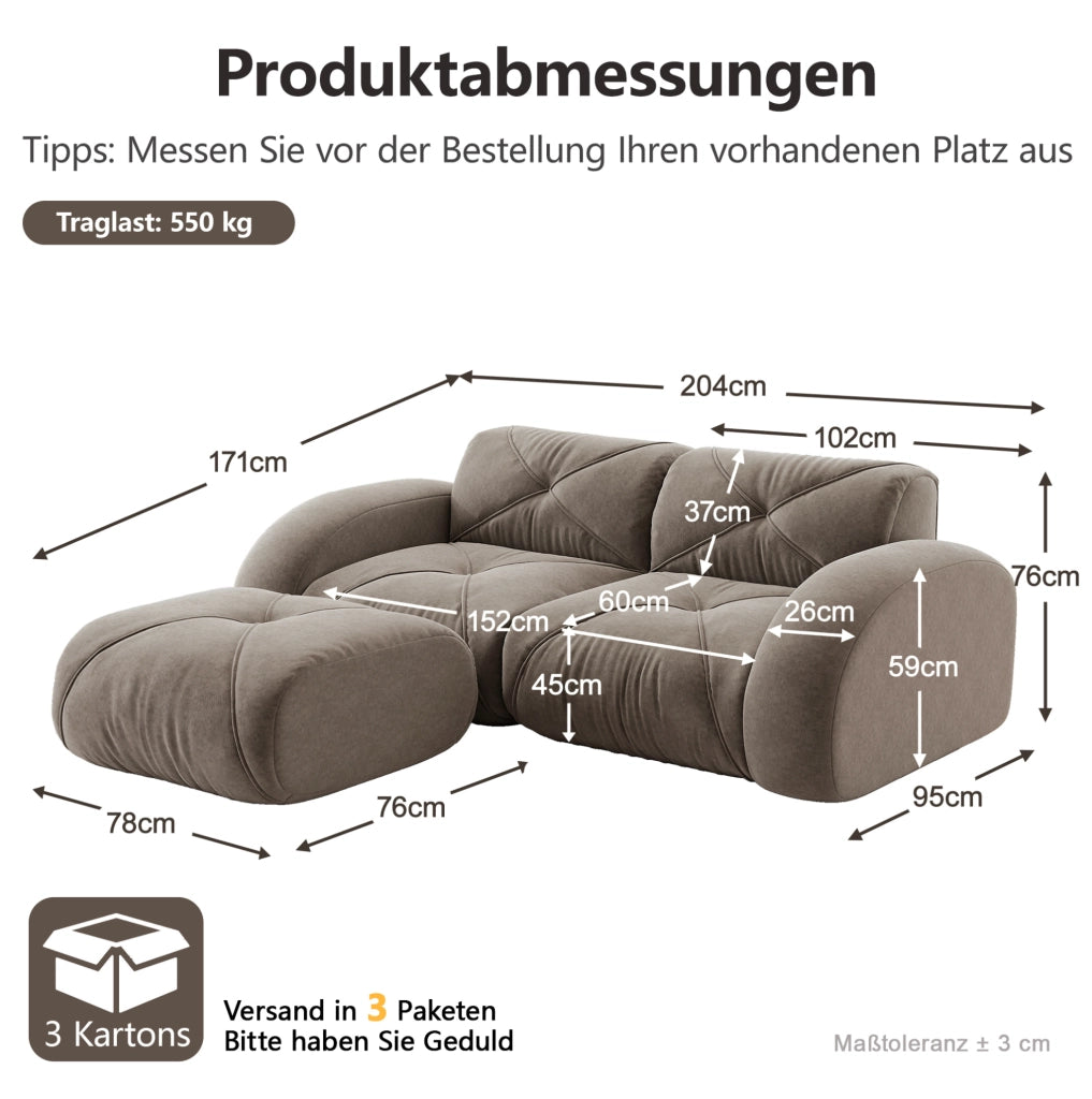 Divano modulare con pouf in chenille taupe; 204x171x76 cm