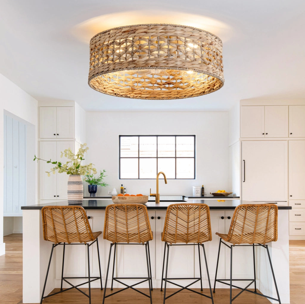 Ventilatore da soffitto con luce in rattan color rame con app e telecomando