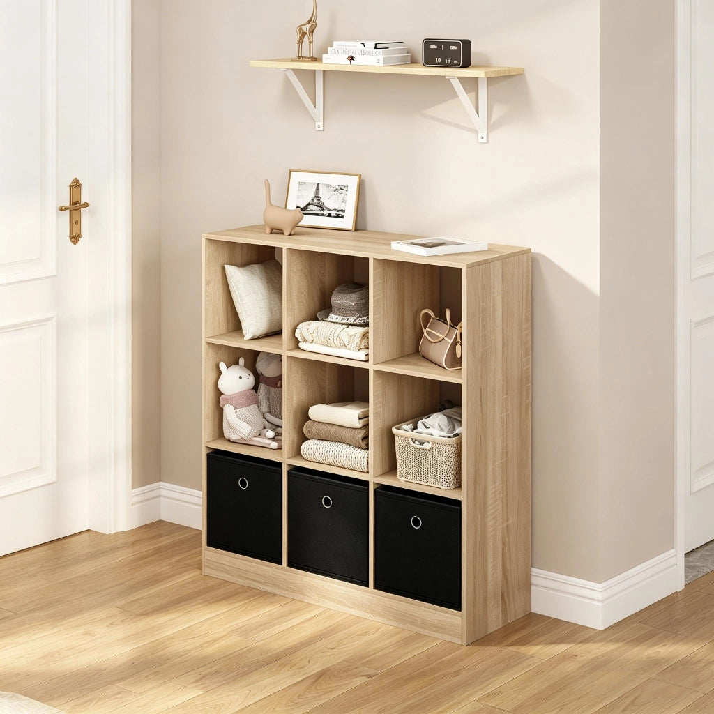 Scaffale a cubi freestanding con 3 cassetti in tessuto, libreria moderna in legno ingegnerizzato