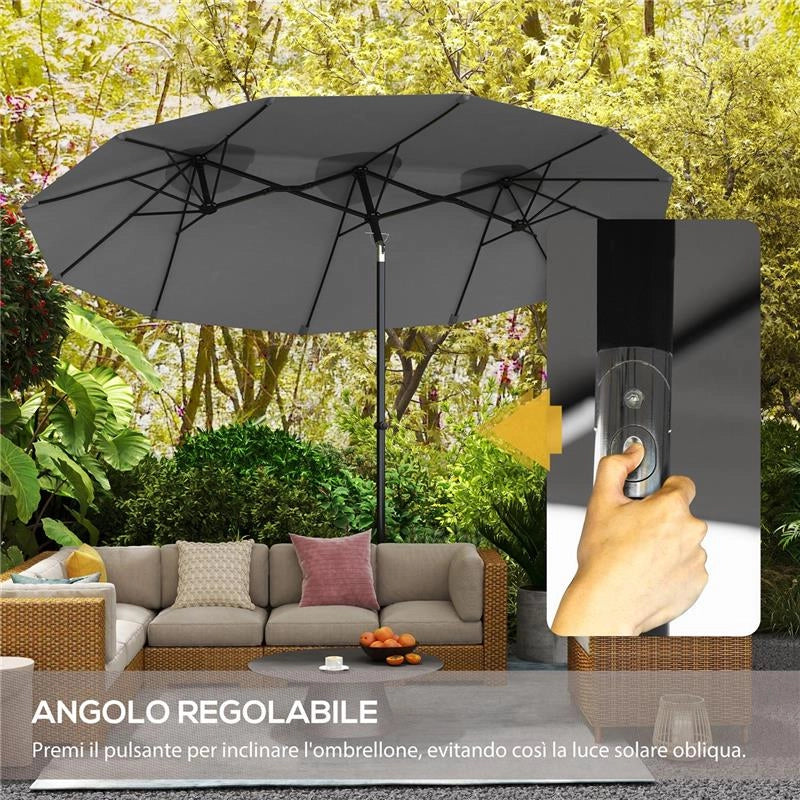 OMBRELLONE DOPPIO INCLINABILE A 45° CON MANOVELLA E PRESE D'ARIA IN ACCIAIO E POLIESTERE 285X147X227 CM GRIGIO