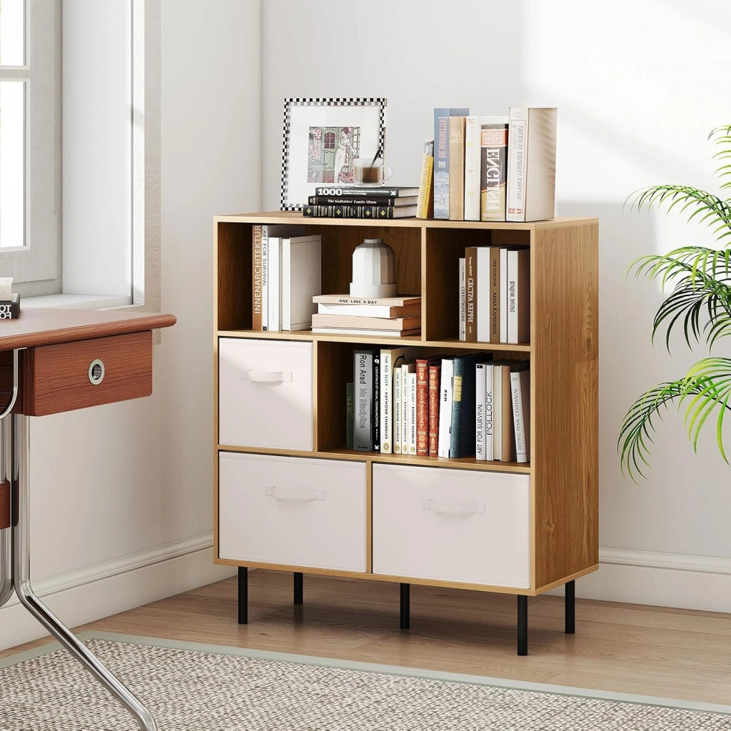 Libreria a 6 cubi, 3 ripiani, con 3 cesti in tessuto pieghevoli rimovibili e 2 protezioni antiribaltamento, libreria autoportante per casa e ufficio, 90 x 40 x 105 cm