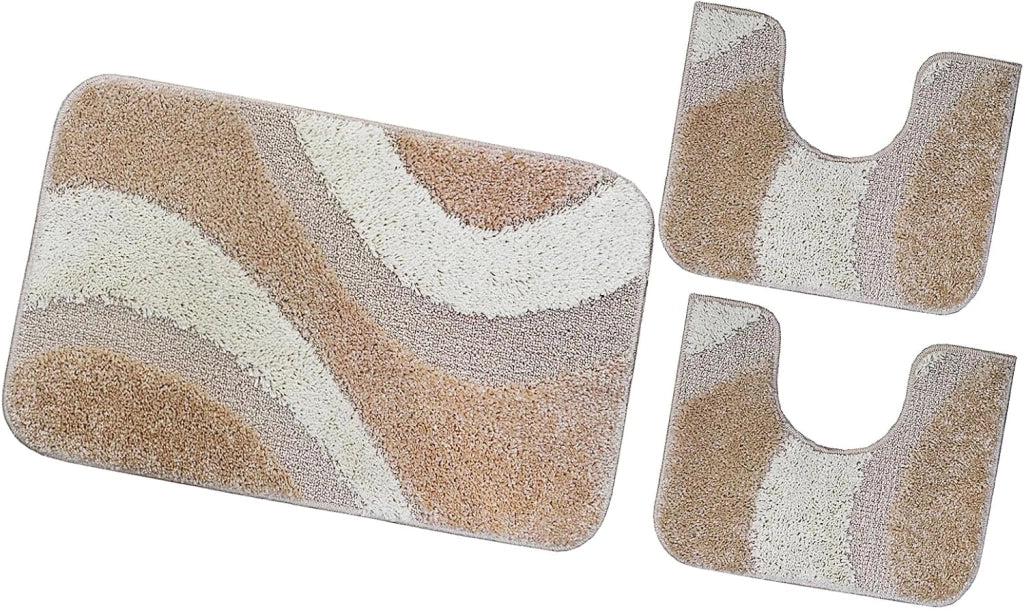 Tappeto Bagno Parure Set 3 Pezzi Made in Italy Antiscivolo Shaggy 3D Moderno Assorbente Beige
