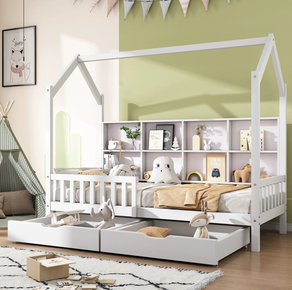 Letto a casetta per bambini 90x200 cm bianco con cassetti