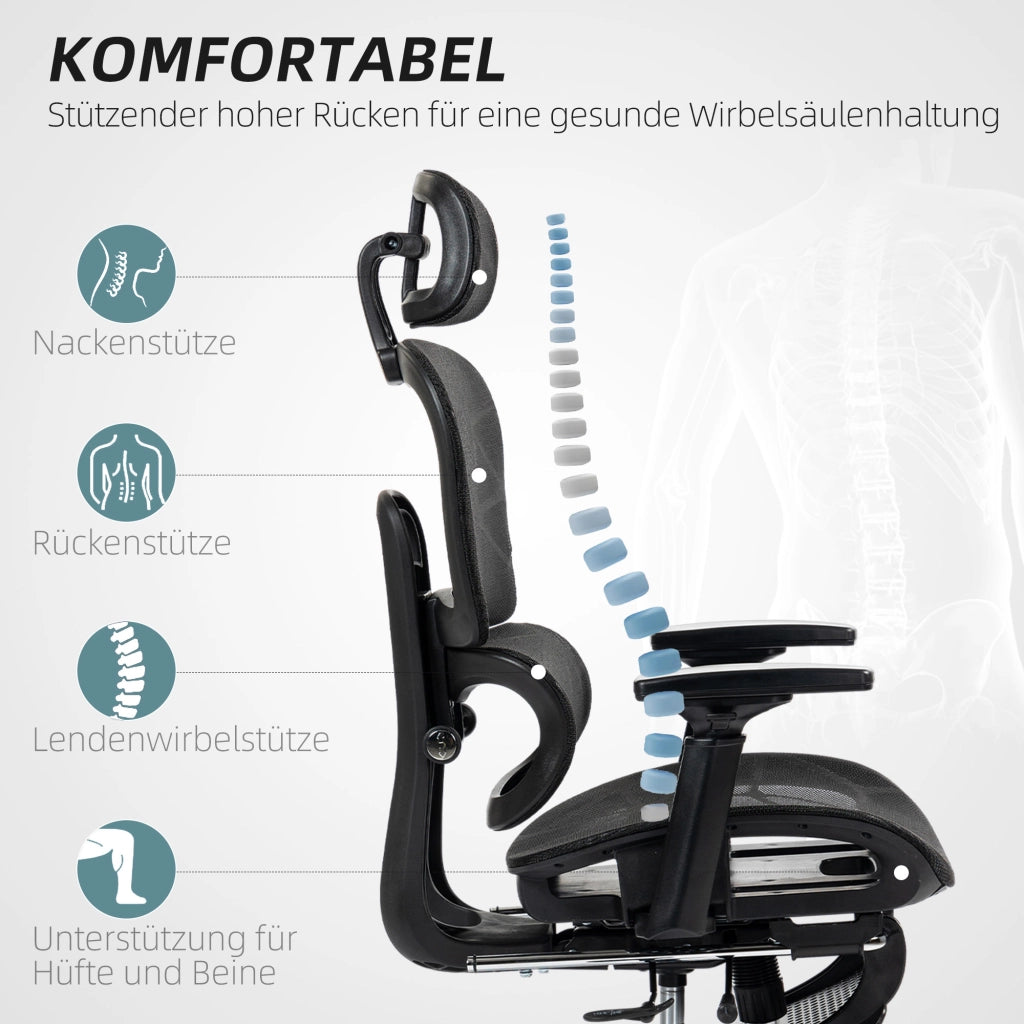 Sedia da ufficio ergonomica girevole con braccioli regolabili, poggiatesta, supporto lombare e poggiapiedi in rete nera
