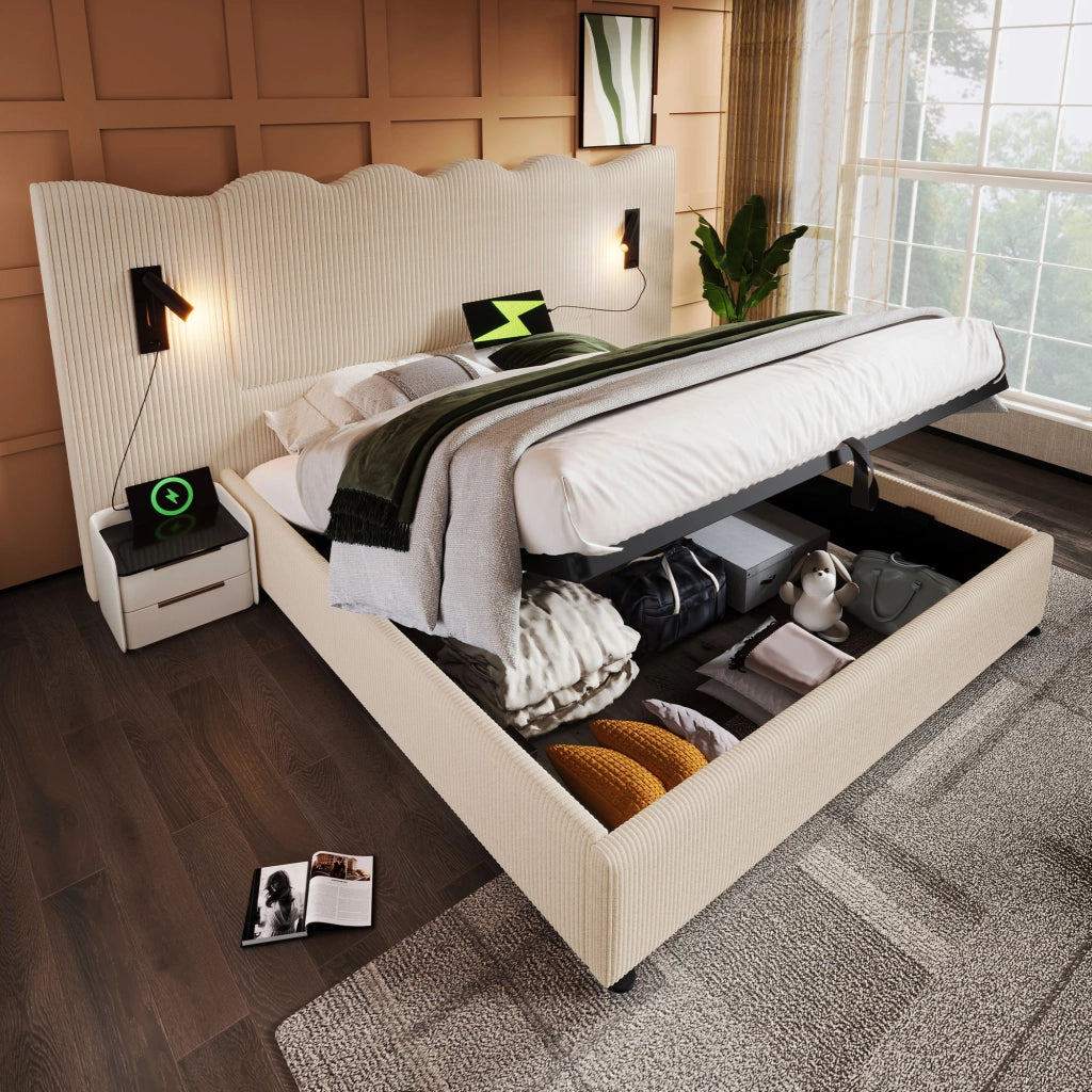 Letto Contenitore 180x200 cm con Lampada da Lettura; USB e Type C; Beige; Tessuto a Coste