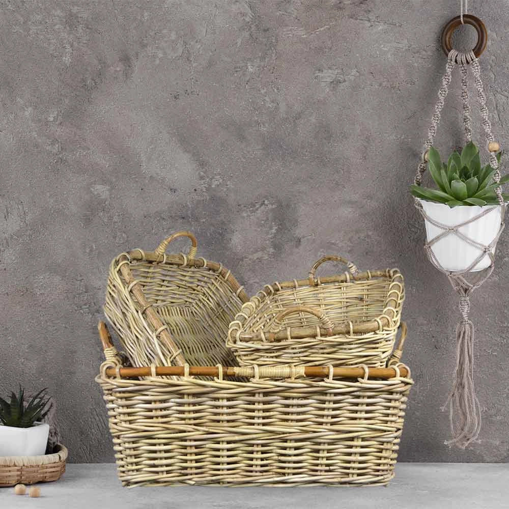 Cesto contenitore rettangolare in legno di giunco intrecciato con manici cm 70 x 59 x h 27